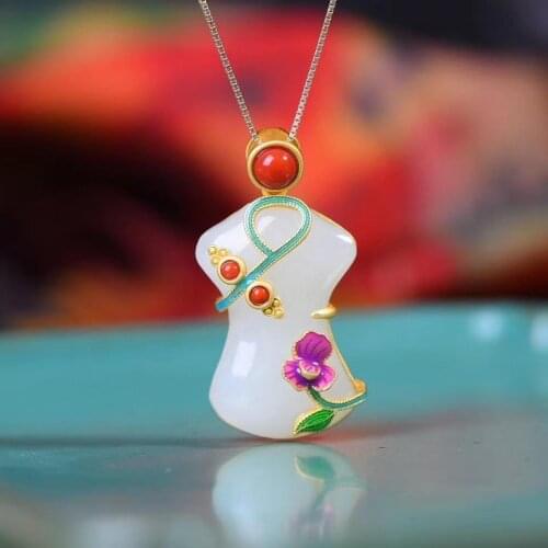 S925 Sterling Silver Inlaid Hotian Jade Pendant Cheongsam Enamel with South Red Classical and Ethnic Style Clavicle Chain