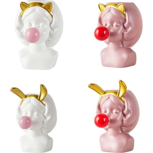 Cute Girl Blowing Bubbles Pen Holder Organizer Succulent Planters Vinyl Flower Pot Desktop Vase Micro Landscape Decoration