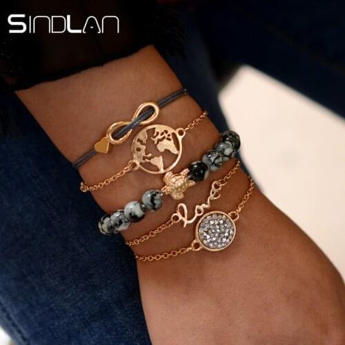 Sindlan 5PCs Love Letter Infinity Bracelets Set Hollow Map Turtle Crystal Charm Bohemia Wrist Chain Jewelry Bangles Gift Pulsera
