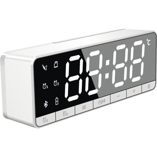 FooHee Desktop Alarm Clock Bluetooth Speaker Led Mirror Time Temperature Display FM Radio Stereo Bass Support TF Card B121