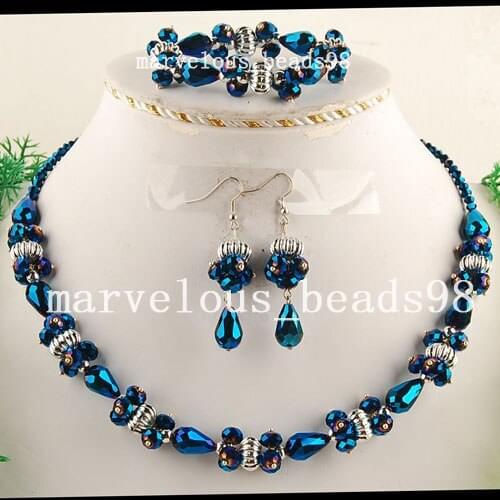 Wholesale 2 sets Blue Light Faceted Crystal Water Drop Art Beads Necklace Bracelet Earrings FG3904