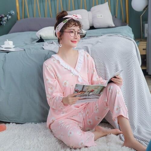 Pajamas womens fashion printed home service spring autumn thin summer V-neck Korean loose long-sleeved suit pink Sleepwear