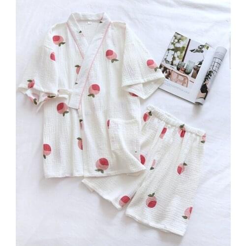 Summer New Ladies Kimono Pajamas Set Women Short-Sleeved Shorts Pajamas Two-Piece Peach Cotton Crepe Home Service Pajama Suit