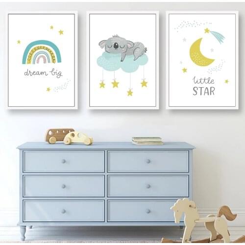 Nursery Moon Clouds Star Rainbow Sleeping Quote Poster Wall Art Canvas Painting Modern Print Baby Kids Room Decoretion Interior
