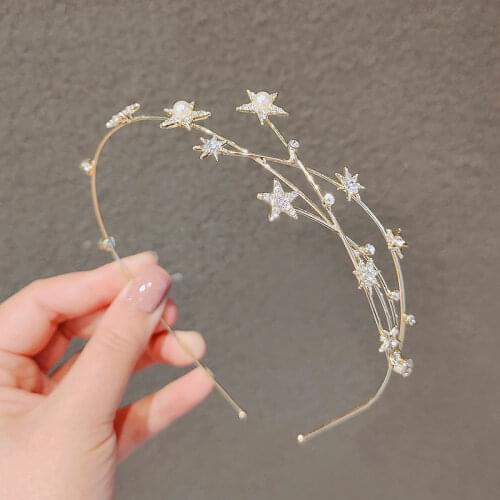Fashion Gold Metal Rhinestone Pearl Star Hairband for Women Sweet Wedding Hair Accessories Tiara Elegant Girls Headband Headwear