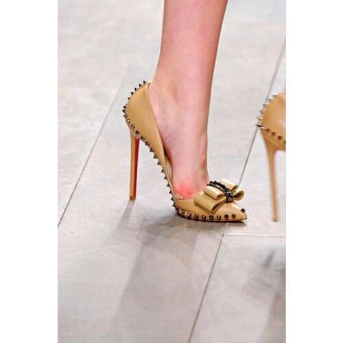 Sexy Stiletto Heels Pumps Shoes Women Pointed Toe Rivets Genuine Leather High Heels Sandals Genuine Leather Single Shoe Pump