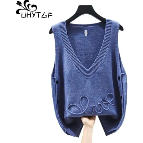 UHYTGF Knitted Spring Autumn Sweaters Vests Womens Sleeveless Pullover Casual Plus Size Tops Female Elegant Lady Waistcoat 1271