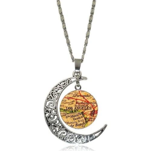 EJ Glaze Brand Silver Color Jewelry Fashion Moon Statement Necklace Glass Necklaces & Pendants For Girls Los ANGELES Map