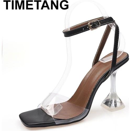 TIMETANG Summer Shoes For Women 2021 Sweet Spike Heels Fashion PVC Sandals Shallow Party Peep Toe Basic Sexy Buckle Strap Adult