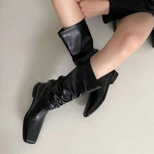 Women Boots Soft Pleated PU Leather High Boots For Female Square Toe Woman Shoes Fashion 2021 Autumn Winter Ladies Long Boots