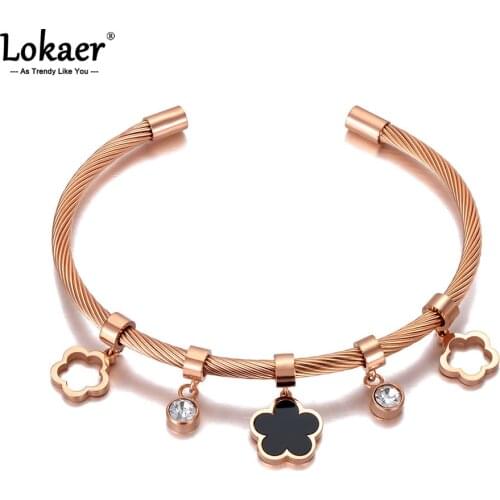 Lokaer Trendy Black Acrylic Flower Charm Bracelet Bangle Stainless Steel Bohemia CZ Crystal Bangles Jewelry For Women B21011