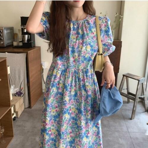 2021 Women Summer Dress Sweet Oil Panting Flower Long Dress High Waist Puff Sleeve Pullover Pleat Dresses Woman Clothing 14540