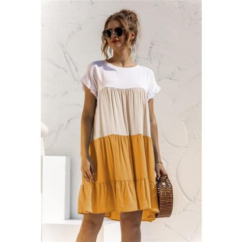 Elegant Summer New Ruffles Short Sleeve O-neck Loose Dress 2021 New Women Casual Patchwork Color Fashion Mini Vestidos Clothes
