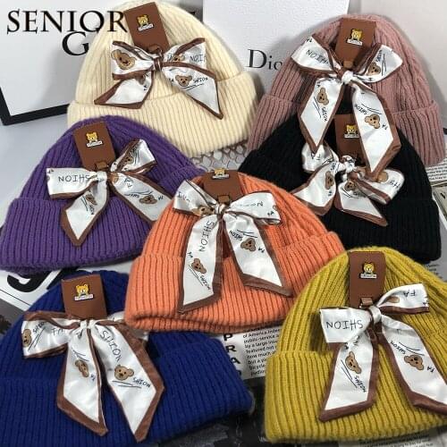 Winter New Cartoon Bear Silk Scarf Womens Beanie Hat Casual Bowknot Womens Knitted Hat Detachable Silk Scarf Couple Winter Hat