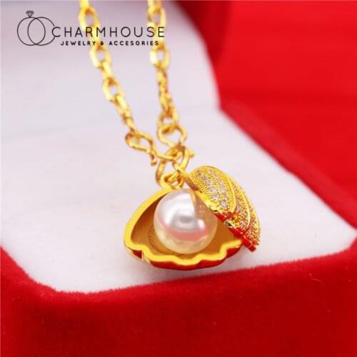 24K Yellow Gold GP Necklaces For Women Shell Pearl Pendant & Necklace Chain Collier Choker Weddinig Jewelry Accesories Bijoux