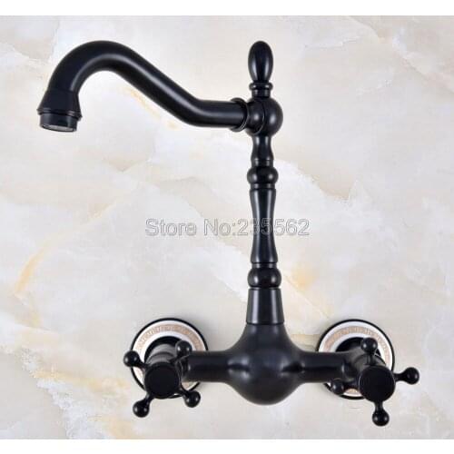 Black Oil Rubbed Bronze Double Handle Wall Mount Kitchen-Bathroom-Vessel Sink Faucet Hot Cold Mixer Taps