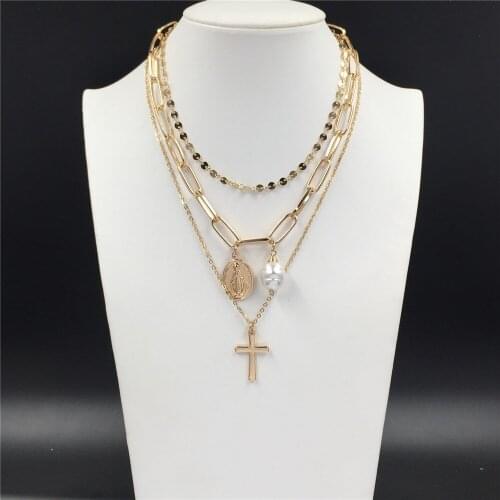 Elegant Women Necklace Set Gold Color Virgin Mary and Pearl Pendant Necklace Cross Pendant Necklace Separable Necklace Set