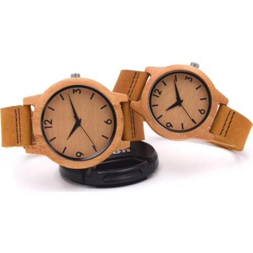 Wooden Creative Watches Women simpler Genuine Leather Band Lady Wrist Watch Light Yellow Dial Modern Female Clock Gifts