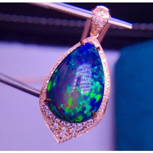E426 Fine Jewelry Real 18K Gold AU750 G18K Natural Black Opal Pendant 10.2ct Gold Diamond Pendant Gemstone Necklaces for Women