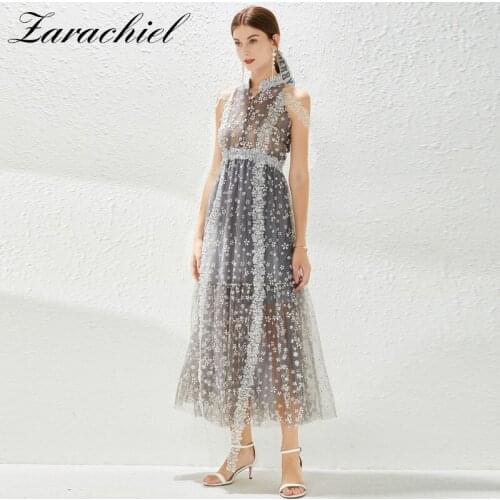 Elegant Evening Party Dress Womens Sleevess Halter Stand Beading Buttons Lace Mesh Flower Printed Maxi Puffy Robe Gown Vestidos