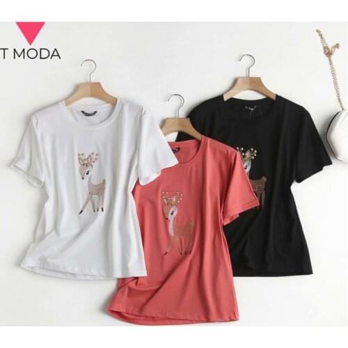 T MODA 2021 Summer Deer Embroidery Tees T Shirt Women Kawaii Short Sleeve Tshirt Loose White Tee Shirt Cotton Chic Tops Female