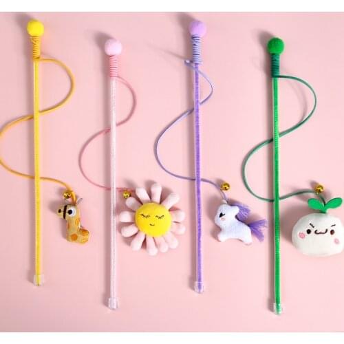Cat Cartoon Plush Bell Funny Cat Stick Unicorn Sun Flower Bean Sprout Pet Interactive Vocal Toy Cat Accessories Pet
