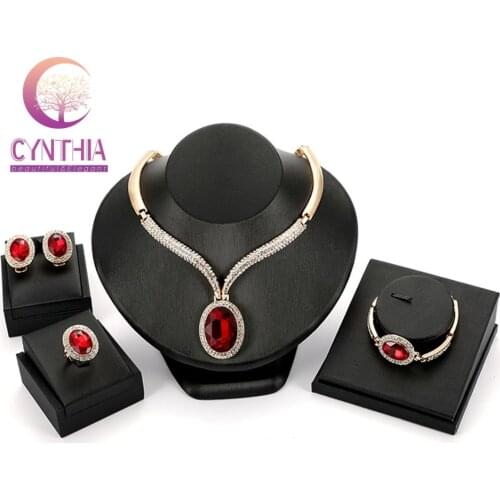 Red Nigerian Jewelry Sets Dubai Gold Color Long Necklace With Big Pendant Charm African Jewelry Sets For Bridal Wedding