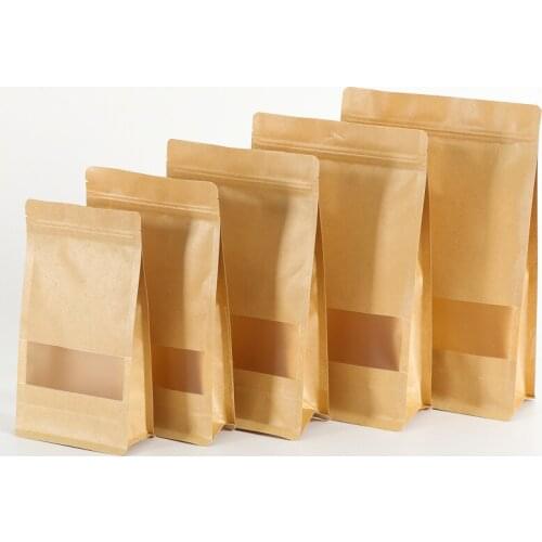 100pcs/lot Brown Square Kraft Paper Bags Zipper Standup Window Packaging Gift Bags Food Coffee Candy Wedding Gift Ziplock Bags