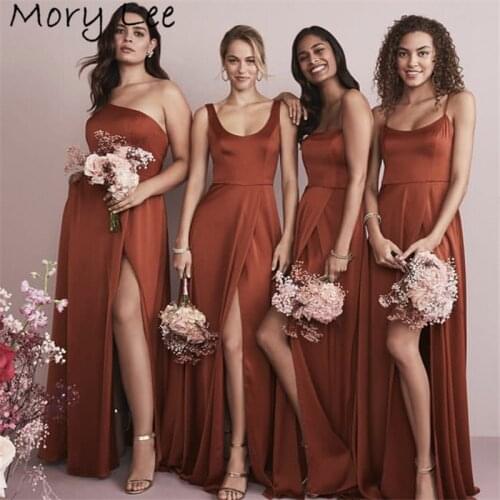 Hot Bridesmaid Dresses A-Line Floor Length Sweep Train Side Slit Silk Satin Wedding Party Bridemaid Dresses