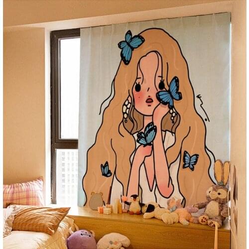 Cartoon Window Curtain Cute Short Curtains Velcro Self-adhesive Drapes Window Screen Washable Curtain Partition for Home Decor