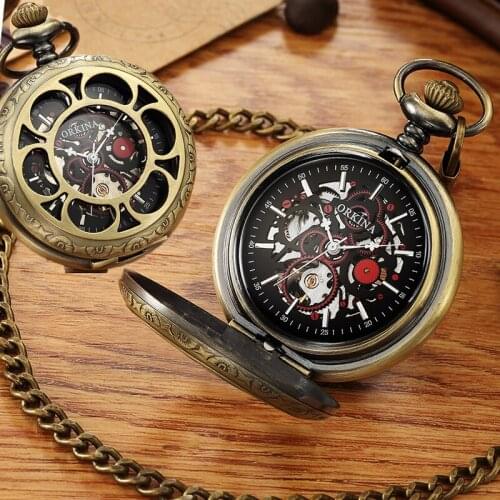 ORKINA A018 Vintage Pocket Watches Men Mechanical Hand Wind Retro Bronze Pocket Watch Man Male Pendant Neckalace Fob Watch Clock