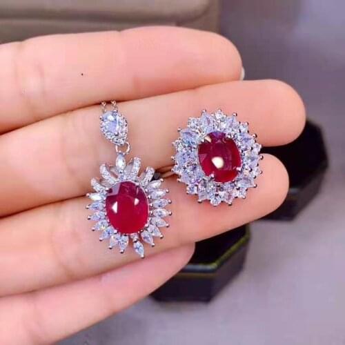 Natural New burned Ruby Wedding Jewelry Sets S925 Sterling Silver Ring Pendant Necklace Tow-piece For Women MeiBaPJFS