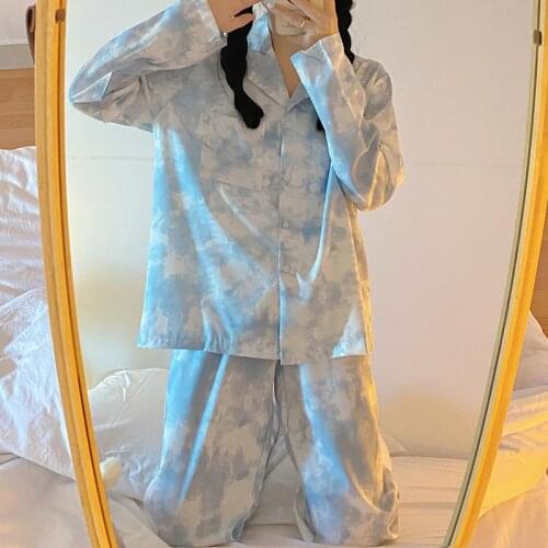 QWEEK Pajamas for Teen Girls Blue Tie-dye Long Sleeves Pyjamas Sleepwear Women Bedroom Set Summer Nightwear Pijamas Kawaii Cute