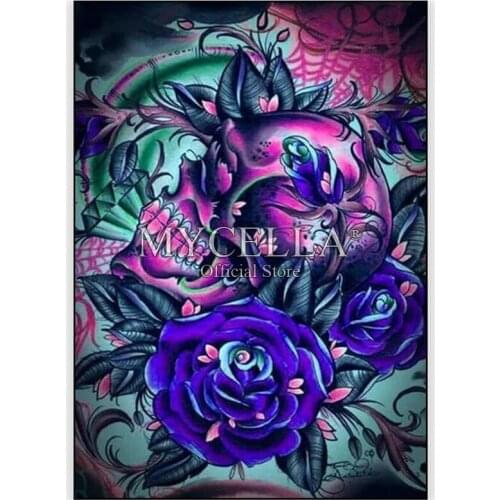 Needlework Full 5d Diamond Painting Pink Skull and Blue Rose Picture DIY Rhinestone Mosaic Embroidery Cross Stitch Home Decor