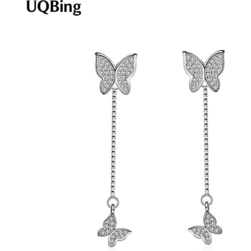 925 Sterling Silver Long Tassel Crystal Butterfly Stud Earrings For Women Gifts Jewelry Wholesale
