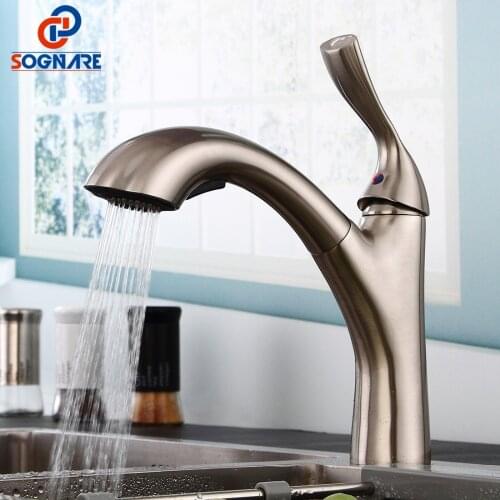 SOGNARE Single Handle Kitchen Sink Faucet With Pull Down Sprayer Hot And Cold Kitchen Faucet Brass Brushed Nickel Water Crane