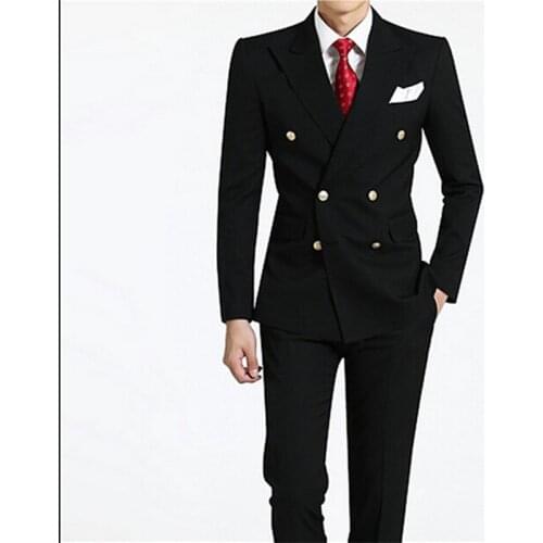 Double-Breasted Groomsmen Peak Lapel Groom Tuxedos Black Mens Suits Wedding Best Man Suit (Jacket+Pants+Tie+Hankerchief) B675