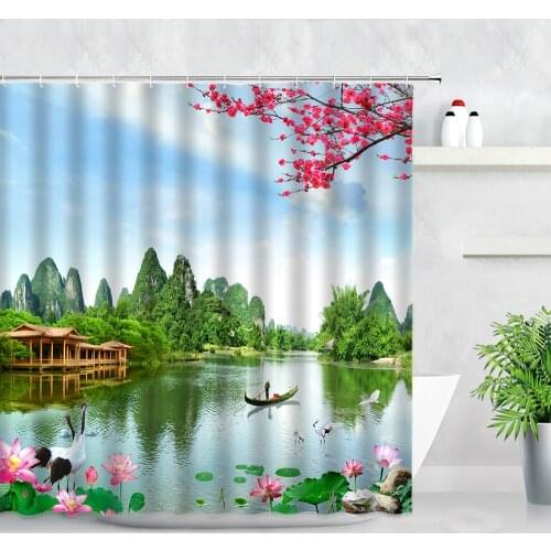 Modern Landscape Wall Background Decor Shower Curtains Pink Lotus Flower Pavilion Chinese Style Natural Scenery Bathroom Curtain