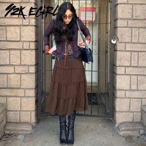 Y2K EGIRL Fairycore Aesthetics Low Waist Basic Brown Ruffles Skirts Retro Y2K Vintage Mesh A-line Patchwork Midi Skirt Cute Long