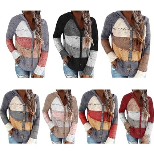 Women Long Sleeves Hoodies Cardigan Color Block Stripes Hollow Out Knitted Sweater Coat Button Down Loose Drawstring Sweatshirt