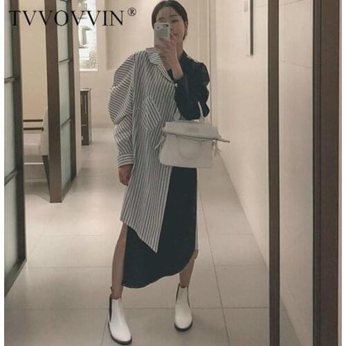 TVVOVVIN Women Irregular Stripe Patchwork Color Matching Long Dress Asymmetry Plus Size Lantern Sleeve Dresses 2020 New AS413