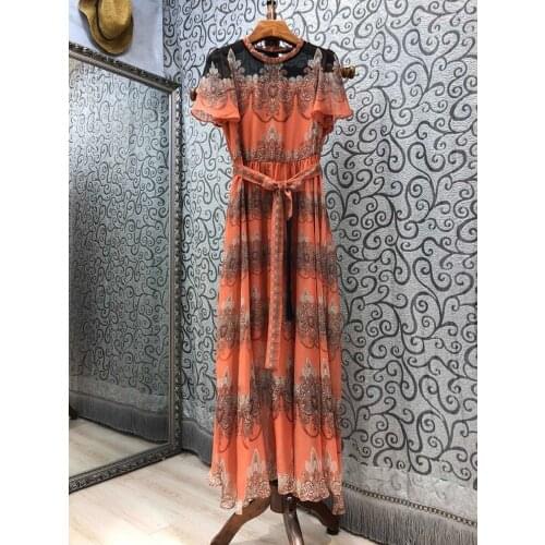 High Quality Women Long Dress 2021 Summer Style Ladies O-Neck Sexy Tulle Lace Patchwork Short Sleeve Vintage Print Dress Maxi
