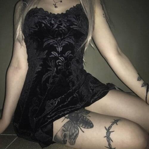 Dark Academia Vintage Black E-girl Summer Dress Goth Women Bodycon Bandage V-neck Embroidery Lace Casual Party Femme Dresses