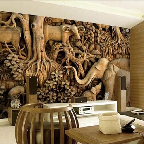 Milofi Custom 3D Wallpaper Mural Woodcarving Thai Sofa Wallpaper Thai Three-dimensional Relief Elephant Background Wall Paper