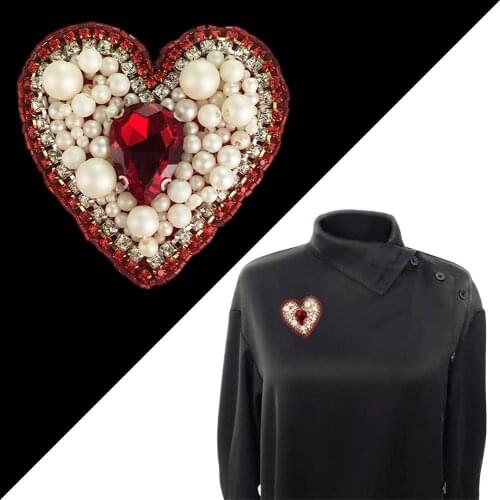 Love heart Rhinestones bead brooch patches applique vintage embroidered fabric sew on patch fashion clothing decoration patches