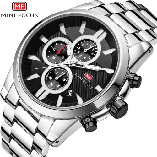 MINI FOCUS Fashion Business Quartz Watch Men Stainless Steel Strap 3 Diasl 6 Hands Calendar Chronograph Waterproof Wristwatches