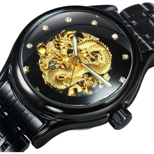 WINNER Gold Dragon Skeleton Automatic Mechanical Men Wrist Watch Stainless Steel Strap Casual Clock Watches Mens montre homme