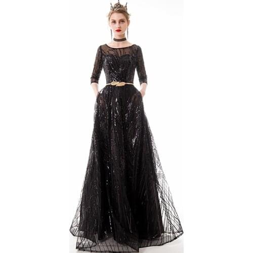 Black Evening Dresses Pleat A-line Floor-length Three Quarter Sleeves Sequined Lace Plus size Customized Woman Formal Dress A183