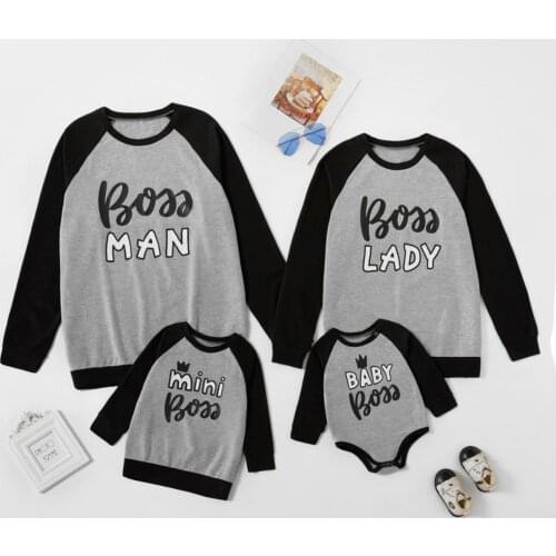 Father Mother Son Boy Kids T Shirts Baby Romper Boss Print Family Matching Outfits Family Look Clothes Long Sleeve Tops Sweaters