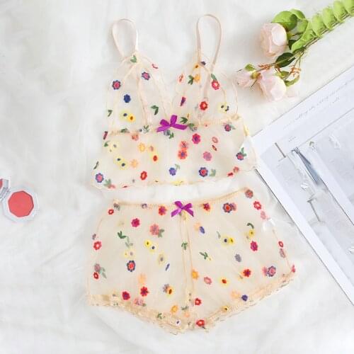 Multicolor Floral Embroidery Exotic Sets Women Sexy Lingerie Transparent Sheer Mesh Camisole Shorts Underwear Set Nightwear